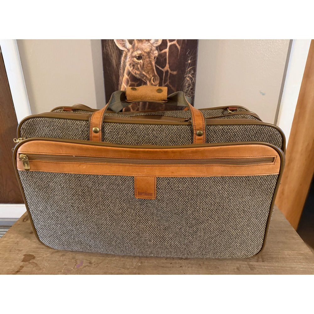 Hartmann‎ Vintage Tweed Carry On Luggage Bag Tan Belting Leather Trim Brown